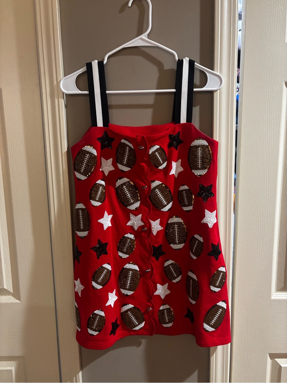 QUEEN OF SPARKLES Red Mini Dress with Football & Star Sequin Appliqué